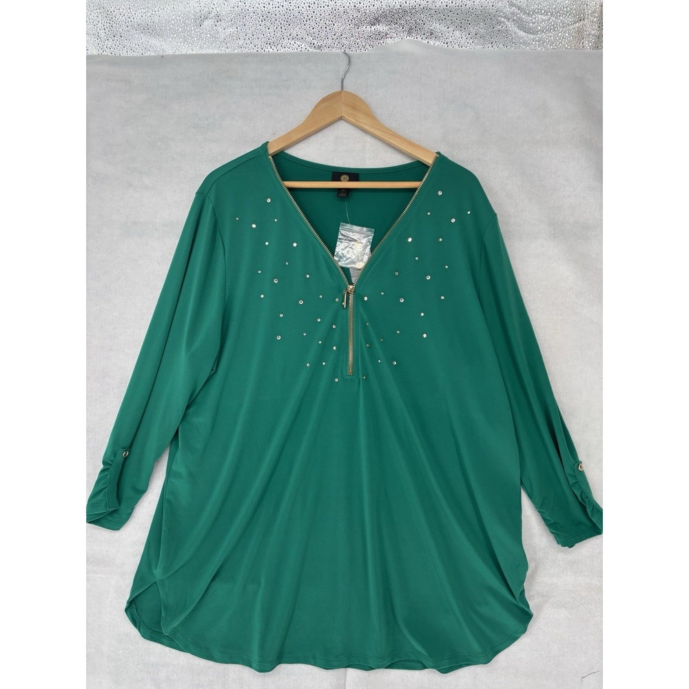 JM Collection Green Tunic Top Womens 2X Green Gold Zipper Rhinestones Glam NWT